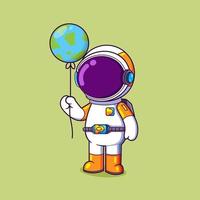 The cute astronaut is holding the big balloon with the earth maps vector