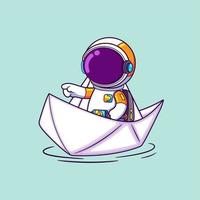 The astronaut is riding a paper ship and pointing on something in front of him vector