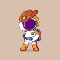 el astronauta posa con un disfraz de vaquero con una pistola y un sombrero mientras está de pie vector