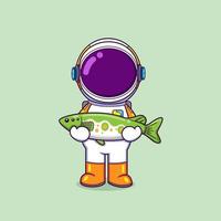 The astronaut fisherman is holding the big fish and showing the fish vector