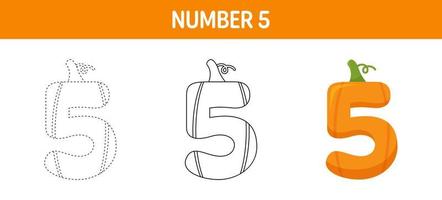 Number 5 Pumpkin tracing and coloring worksheet for kids vector