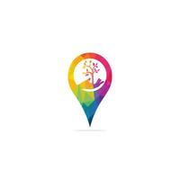 árbol de mano y diseño de logotipo pin gps. localizador de spa y salón o centro de salud. vector