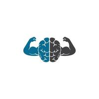 Strong brain vector logo design. Brain with strong double biceps.