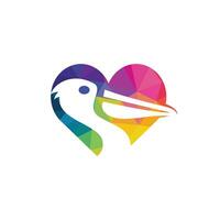 diseño del logotipo del vector de amor pelícano. emblema de ilustración vectorial del animal pelícano y el icono del corazón.