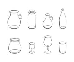 Hand drawn outline glass items set. vector