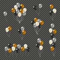 Bunches and groups of golden, silver, black and white helium balloons with glossy smooth surface isolated on background. vector