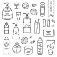 conjunto de productos de belleza dibujados a mano con coco. vector