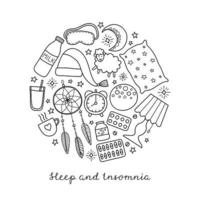 Sleep and insomnia items in circle. vector