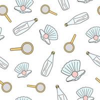 Seamless pattern with loupe, pearl and letter in bottle. vector