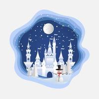 castillo y muñeco de nieve en una colina nevada. diseño de corte de papel vector