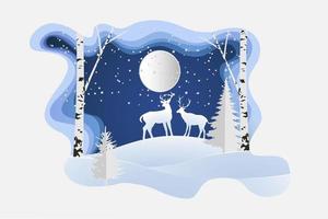 Deer in the snowy forest. paper cut design vector