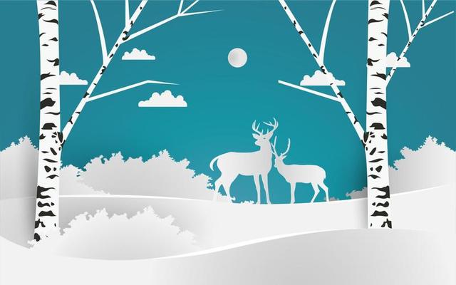 Deer in the snowy forest. paper cut design
