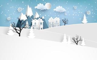 house in winter with paper art design at night vector