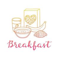 desayuno moderno con letras escritas a mano con comidas frescas. vector