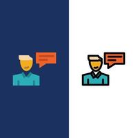 Chat Message Popup Man Conversation  Icons Flat and Line Filled Icon Set Vector Blue Background