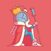 personaje de reloj rey en una ilustración de vector de pose fresca. motivación, tiempo, concepto de diseño de inspiración.