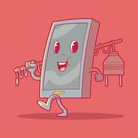 Smartphone character walking vector illustration. Battery, technology, electricity, funny design concept.