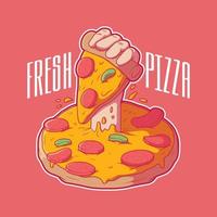 mano saliendo de una pizza sosteniendo una ilustración de vector de rebanada. comida, marca, concepto de diseño divertido.