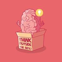 Brain character outside the box vector illustration. Intelligence, creativity, funny design concept.