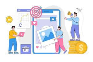 concepto de análisis de datos y redes sociales de marketing digital plano. ilustración de vector mínimo de estilo de diseño de esquema