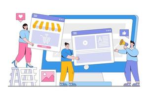 el desarrollador plano y el equipo de diseñadores crean una tienda en línea o un concepto de tienda. ilustración de vector mínimo de estilo de diseño de esquema