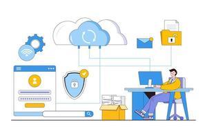 hombre de negocios plano que trabaja en línea en la computadora del monitor y se conecta al concepto de red del servidor en la nube. ilustración de vector mínimo de estilo de diseño de esquema