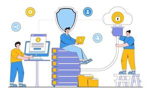 servicio de servidor y almacenamiento en la nube de tecnología comercial plana con administrador y desarrollador trabajando en el concepto de estación de trabajo. ilustración de vector mínimo de estilo de diseño de esquema