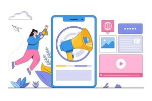 marketing en redes sociales planas con un gran megáfono en el concepto de pantalla. ilustración de vector mínimo de estilo de diseño de esquema