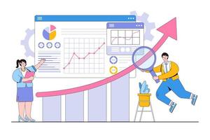 el equipo de trabajadores de oficina planos analiza y estudia tablas y gráficos y evalúa el concepto de negocio. ilustración de vector mínimo de estilo de diseño de esquema