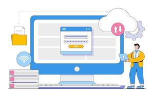 servicio de computación en la nube de tecnología comercial plana y copia de seguridad de carga de archivos en el almacenamiento del servidor en la nube con el concepto de usuario de seguridad de inicio de sesión web. ilustración de vector mínimo de estilo de diseño de esquema