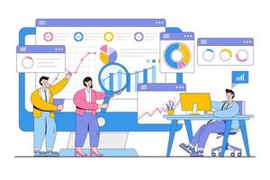 análisis de personas de negocios planas y gráfico de informe de seguimiento de finanzas en el concepto de monitor. ilustración de vector mínimo de estilo de diseño de esquema