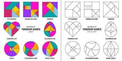 Set of most popular varieties of the Tangram puzzle game. Color and silhouette. Tangram, Pythagoras, Circle, Magic Circle, Columbian Egg, Tangram Leaf, Vietnamese Game and Mongolian game vector