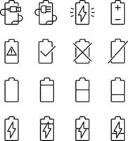 Set of capacity battery icons. Mobile phone charge level illustration sign collection in flat style. Vector icon set of batteries with different degree of energy charge. Battery black outline color.