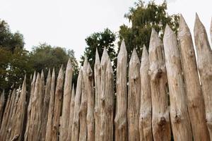 Vertical row of ancient a wooden fence with sharp tips in the form of sharpened wooden pencils in the countryside. Rustic wall background at the old fortress photo