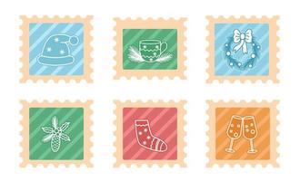 Christmas cute stamps set with holiday symbols and elements. Collection of cute Christmas mail marks. vector