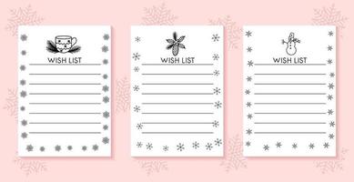 Christmas wish list templates set. Hand drawn elements. Collection of cards with desired gifts. Festive vector illustration.