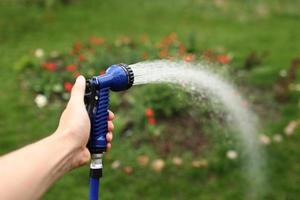 Watering green garden with outdoor hose. hand with hose sprinkle watering plants in the garden. watering lawn or plants on backyard. gardener man with sprinkler in garden photo