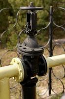 Yellow gas pipes and valves outdoors. gas equipment. Copy space for text. High quality photo