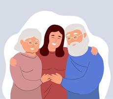 A couple of elderly parents with a daughter. Happy seven hugs. The girl supports, helps the old people. Vector graphics..