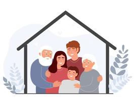 Family stays at home. Happy mother, father, son, grandfather, grandmother together. Concept of protection from the epidemic, poor conditions on the street, support for each other. Vector graphics.