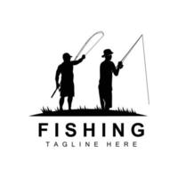 fishing logo icon vector, catch fish on the boat, outdoor sunset silhouette design vector