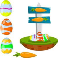 Celebration of Easter. Set of Colored painted eggs and carrot. Christian holiday. Element of child game. Cartoon flat illustration. Plate for finding objects. Sign pointer to route vector