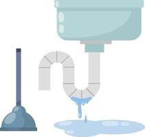 Blockage of pipe. Sink in bath and kitchen. Technical work. Broken sewer system. Blue washbasin. Cartoon flat illustration. Puddle of water and plunger. Plumbing and sanitary ware vector