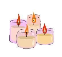 velas perfumadas en tarro de cristal. conjunto de llama romántica y fuego en vidrio decorativo. vector