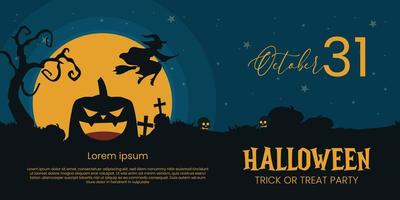 Happy Halloween banner for background with witch, tree branches, pumpkin, graveyard, skull in full night shades vector