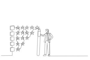 Illustration of businessman holding pencil to evaluate star feedback. Metaphor for evaluation. Single line art style vector