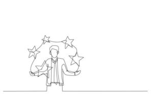 Illustration of five stars performance scoreby businessman. Metaphor for feedback and comments. Single continuous line art style vector