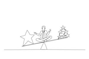 Drawing of businessman sit on scales comparing quality vs quantity. Single continuous line art vector