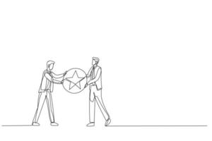 Drawing of businessman boss giving golden star badge to winning employee. Metaphor for recognition. Single continuous line art style vector