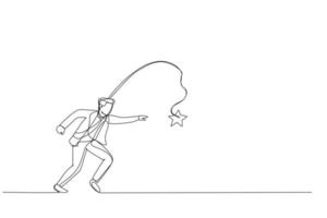 caricatura de un hombre de negocios corriendo con un palo de zanahoria tratando de ganar el premio estrella. Metáfora del incentivo. un estilo de arte de línea continua vector